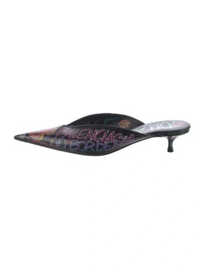 Pre-owned Balenciaga Leather Graphic Print Mules In Black