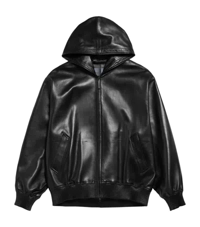 Balenciaga Leather Hooded Jacket In Black