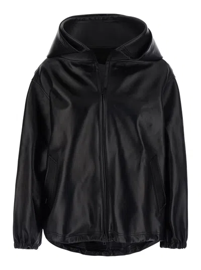 Balenciaga Leather Hooded Jacket With Dropped Shoulders And Zip Front In Black
