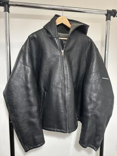 Pre-owned Balenciaga Leather Hooded Zip Jacket In Black