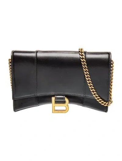 Pre-owned Balenciaga Leather Hourglass Wallet On A Chain Mini In Black