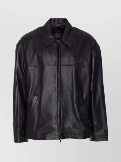 Balenciaga Leather Jacket With Embossed Logo And Pockets In Black