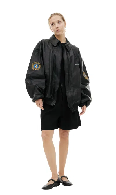 Balenciaga Leather Jacket With Patch In Black