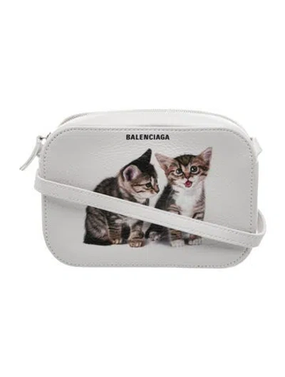 Pre-owned Balenciaga Leather Kitten Print Camera Bag In White