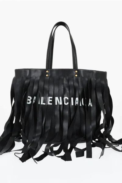 Balenciaga Leather Laundry Cabas Tote Bag With Fringes