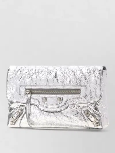 Balenciaga Leather Le City Clutch Studded Strap In Silver