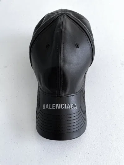 Pre-owned Balenciaga Leather Logo Visor Brim Cap (l) 59cm In Black