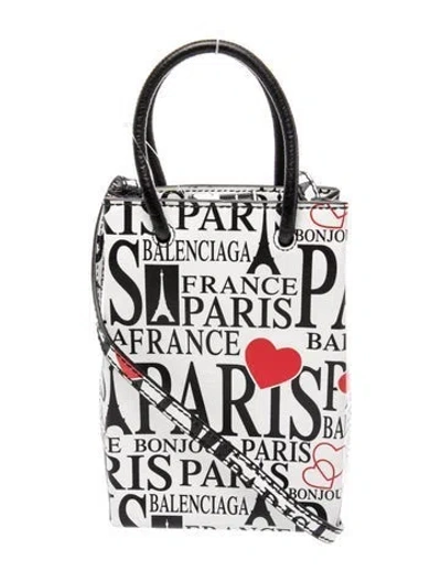 Pre-owned Balenciaga Leather Mini Calfskin Bonjour Paris Shopping Phone Holder Satchel Mini In White