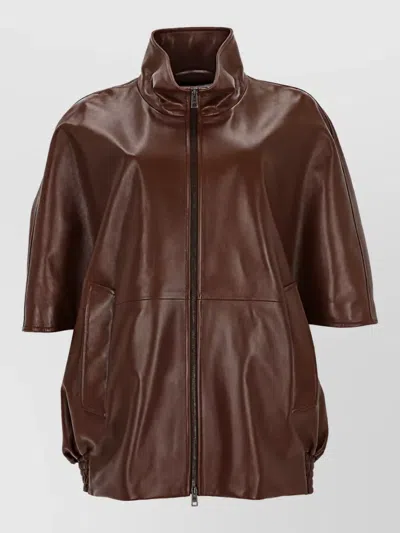 Balenciaga Leather Oversized Coat In Brown
