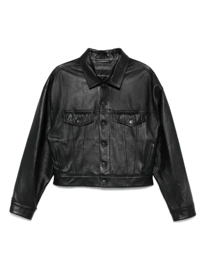 Balenciaga Leather Shirt Jacket In Black