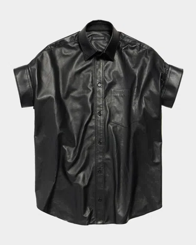 Balenciaga Leather Short-sleeve Mini Shirtdress In Black