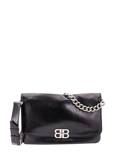 Balenciaga Leather Shoulder Bag With Metal Monogram In Black