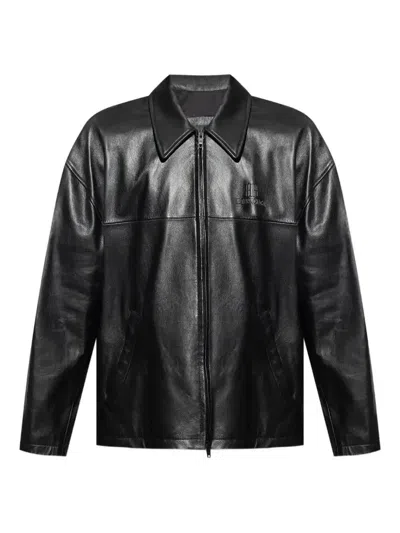 Balenciaga Logo-embossed Leather Jacket In Black