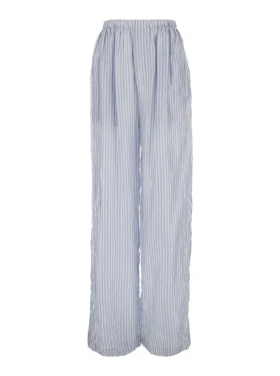 Balenciaga Light Blue And White Striped Pants With Logo Lettering Embroidery In Cupro Woman