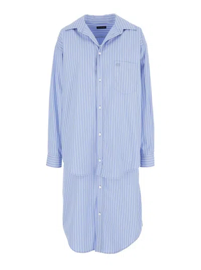 Balenciaga Light Blue Layered Shirt Dress With Bb Logo Embroidery In Cotton Woman In Multicolor