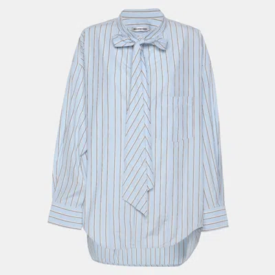 Pre-owned Balenciaga Light Blue Striped Cotton Logo Print Oversized Shirt M