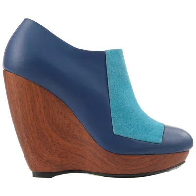 Pre-owned Balenciaga Light On Dark Blue Suede Colorblock Wooden Wedge Platform Heels