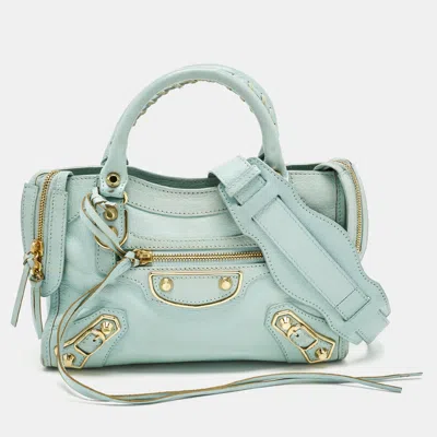 Pre-owned Balenciaga Light Turquoise Leather Mini Metallic Edge Classic City Bag In Green