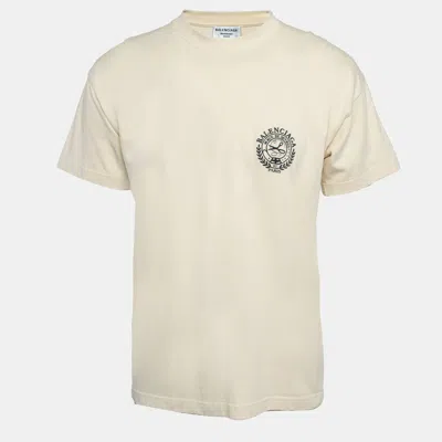 Pre-owned Balenciaga Light Yellow Logo Embroidered Cotton Crew Neck T-shirt S