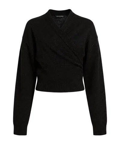 Balenciaga Virgin Wool Wrap Sweater In Black