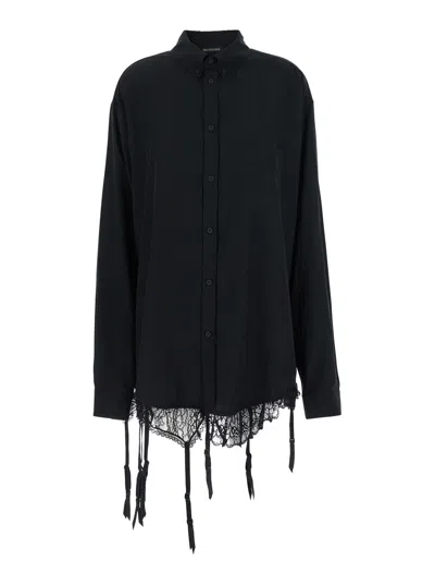 Balenciaga Lingerie Black Sirt With Button-down Collar And Lingerie Detail On The Hem In Tech Fabric Woman In Multicolor