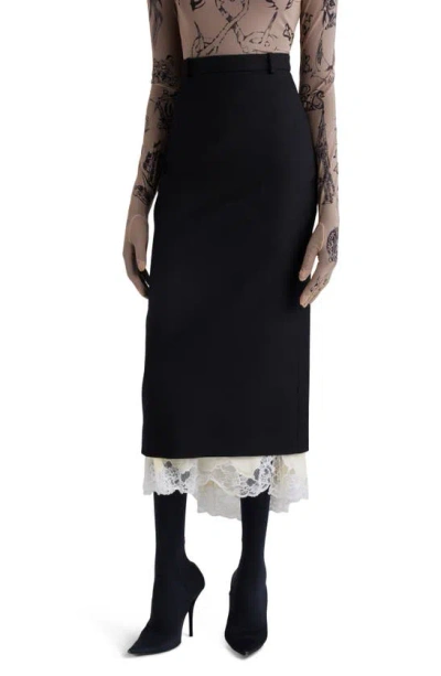 BALENCIAGA LINGERIE LACE WOOL GABARDINE & JERSEY MIDI SKIRT