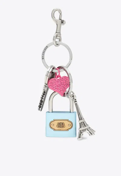 Balenciaga Lock And Heart Of Crystals Charm Keychain