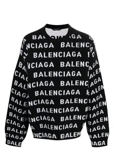 Balenciaga Logo All Over Print Pullover Jumper In Black