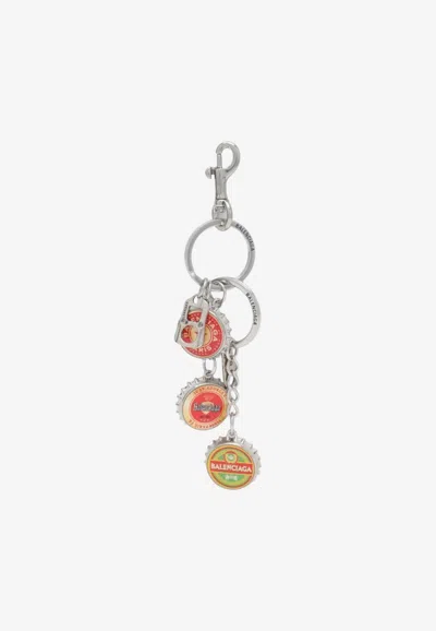 Balenciaga Logo Bottle Cap Keyring In Silver