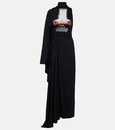 Balenciaga Cotton Dress One Shoulder Graphic Print Midi In Black