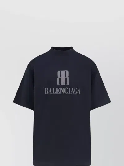 Balenciaga Logo Cotton Crew-neck T-shirt In Blue