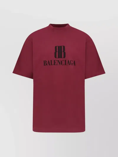 Balenciaga Logo Cotton Crew-neck T-shirt In Burgundy