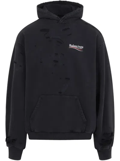 Balenciaga Logo Cotton Hoodie In Black