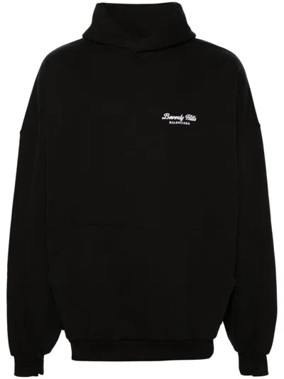 Balenciaga Logo Cotton Hoodie In Black
