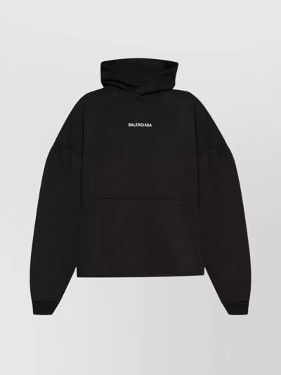Balenciaga Logo Cotton Hoodie Kangaroo Pocket In Black