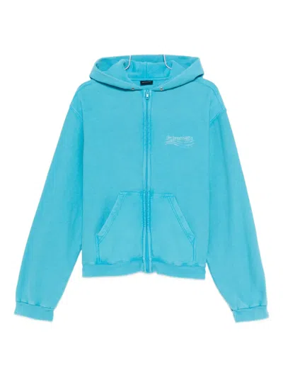 Balenciaga Logo-detail Cotton Hoodie In Blue