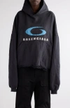 Balenciaga Oversized Cropped Distressed Printed Cotton-jersey Hoodie In Washed Black/ Blue