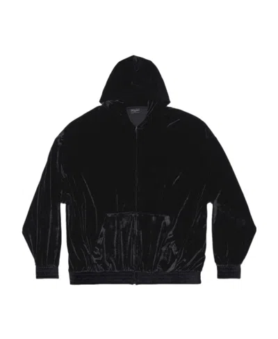 Balenciaga Logo-embellished Velvet Zip-up Hoodie In Black