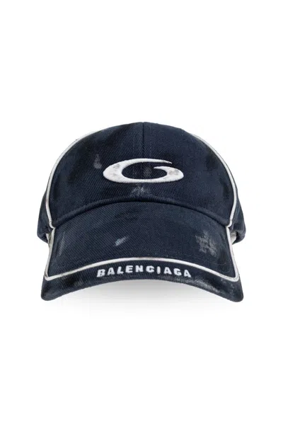 Balenciaga Logo Embroidered Distressed Cap In ブルー