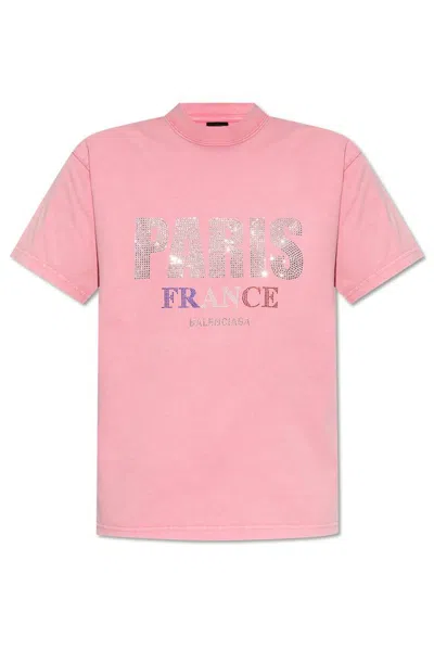 Balenciaga Paris Rhinestone Cotton T-shirt In Pink
