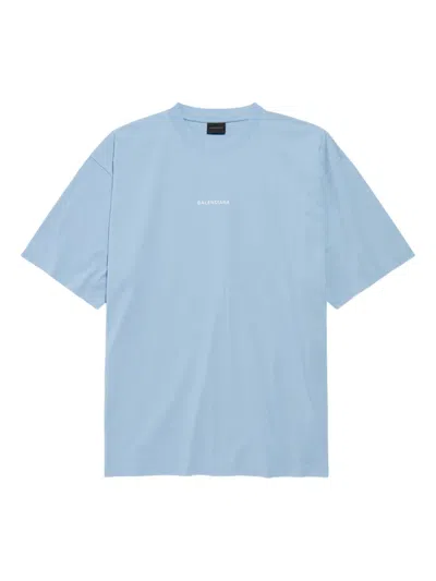 Balenciaga Light Blue Ss T-shirt White Embroidered Logo