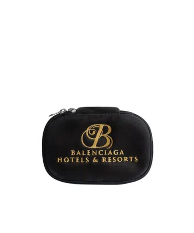 Balenciaga Logo-embroidered Velvet Clutch Bag In Black