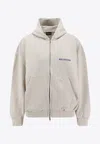 Balenciaga Logo Embroidered Zip-up Hooded Sweatshirt In Neutral