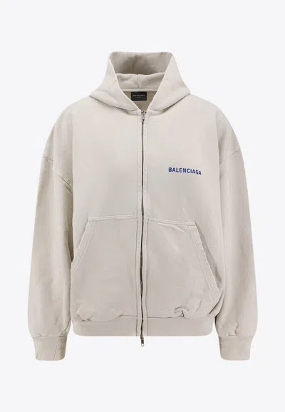 BALENCIAGA LOGO EMBROIDERED ZIP-UP HOODED SWEATSHIRT