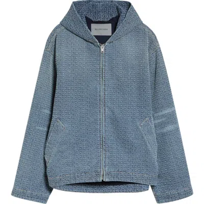 Balenciaga Logo Embroidery Hooded Denim Jacket In Blue