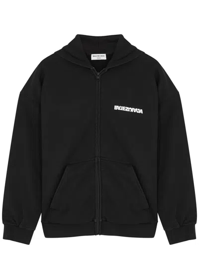 Balenciaga Logo Hooded Cotton Sweatshirt In Black