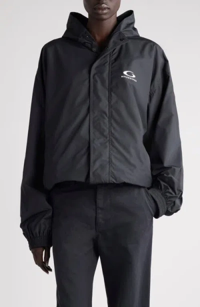 Balenciaga Logo Hooded Windbreaker Jacket In Black