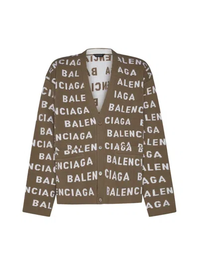 Balenciaga Logo Intarsia-knit Cardigan In Beige