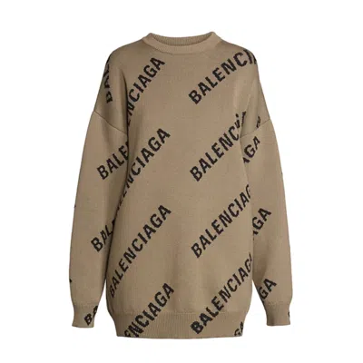 Pre-owned Balenciaga Logo Intarsia Oversize Crewneck Sweatshirt Womens Sweater In Light Brown