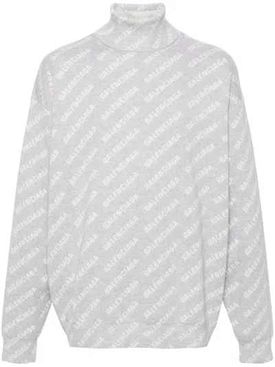 Balenciaga Logo-intarsia Roll-neck Jumper In Grau